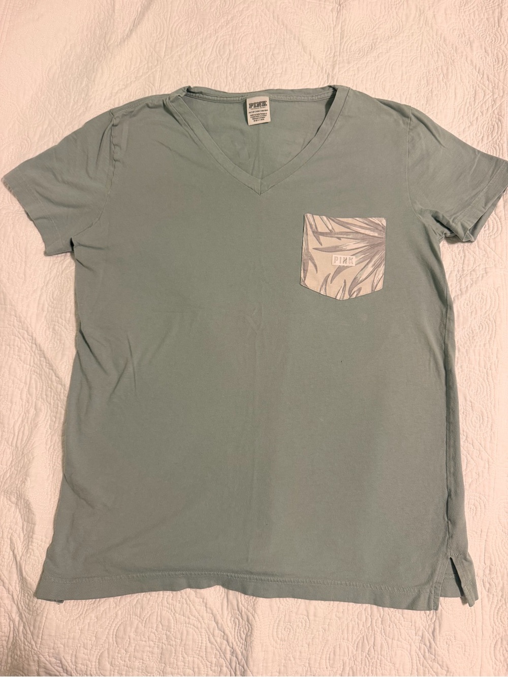 PINK Victoria's Secret Sage Green V‑Neck Tee with Patterned Pocket